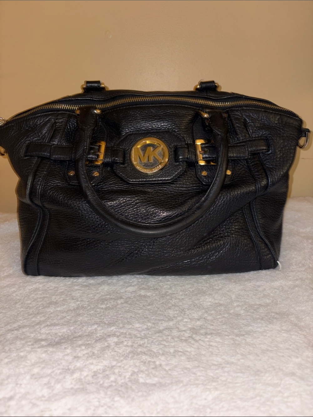Michael Kors Black Leather Satchel with Gold MK Emblem